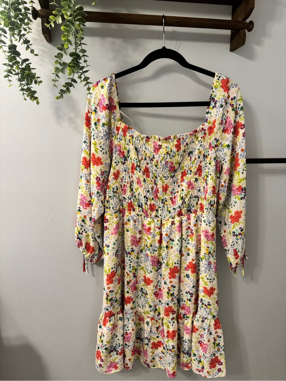 Floral Smocked Tiered Mini Dress - White with Multi-Color Floral 3/4 Sleeve